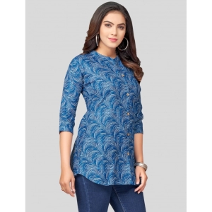 Generic Women's Cotton Blend Mandarin Collar 3/4 Sleeves Short Top (Blue)