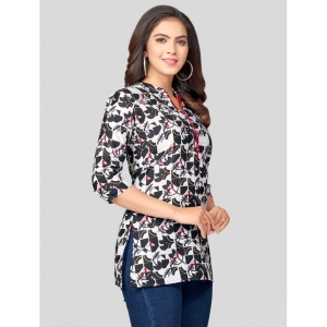 Generic Women's Cotton Blend Mandarin Collar 3/4 Sleeves Short Top (Black-White)