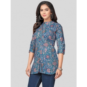 Generic Women's Cotton Blend Mandarin Collar 3/4 Sleeves Short Top (Blue)