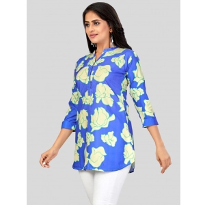 Generic Women's Poly Crepe Mandarin Collar 3/4 Sleeves Short Top (Blue)
