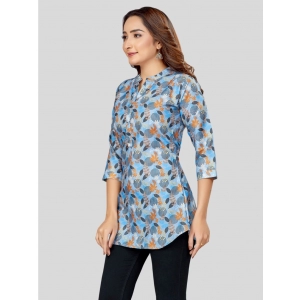 Generic Women's Cotton Blend Mandarin Collar 3/4 Sleeves Short Top (Blue)