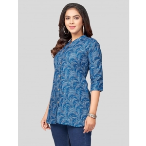Generic Women's Cotton Blend Mandarin Collar 3/4 Sleeves Short Top (Blue)
