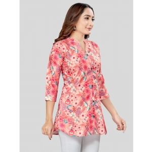 Generic Women's Cotton Blend Mandarin Collar 3/4 Sleeves Short Top (Pink)