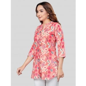 Generic Women's Cotton Blend Mandarin Collar 3/4 Sleeves Short Top (Pink)