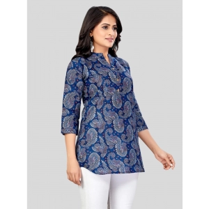 Generic Women's Cotton Blend Mandarin Collar 3/4 Sleeves Short Top (Blue)