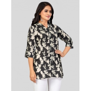 Generic Women's Poly Crepe Mandarin Collar 3/4 Sleeves Short Top (Black)