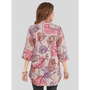 Generic Women's Rayon Mandarin Collar 3/4 Sleeves Short Top (Pink)