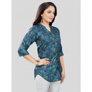 Generic Women's Cotton Blend Mandarin Collar 3/4 Sleeves Short Top (Blue)