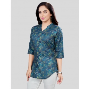 Generic Women's Cotton Blend Mandarin Collar 3/4 Sleeves Short Top (Blue)