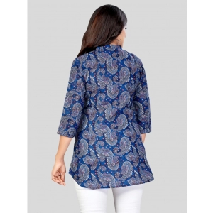 Generic Women's Cotton Blend Mandarin Collar 3/4 Sleeves Short Top (Blue)