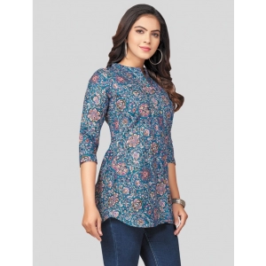 Generic Women's Cotton Blend Mandarin Collar 3/4 Sleeves Short Top (Blue)