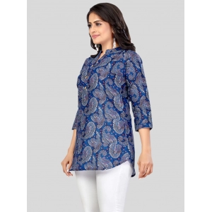 Generic Women's Cotton Blend Mandarin Collar 3/4 Sleeves Short Top (Blue)