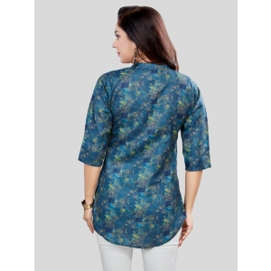 Generic Women's Cotton Blend Mandarin Collar 3/4 Sleeves Short Top (Blue)