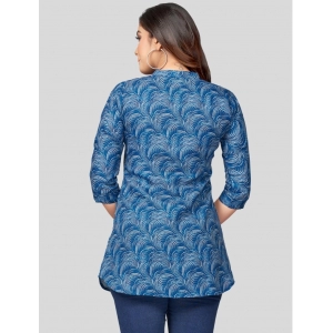 Generic Women's Cotton Blend Mandarin Collar 3/4 Sleeves Short Top (Blue)