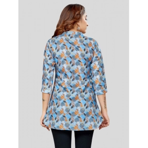 Generic Women's Cotton Blend Mandarin Collar 3/4 Sleeves Short Top (Blue)
