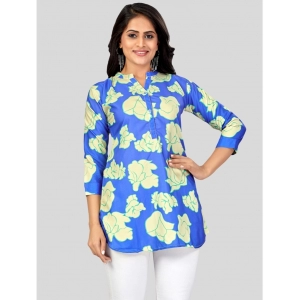 Generic Women's Poly Crepe Mandarin Collar 3/4 Sleeves Short Top (Blue)