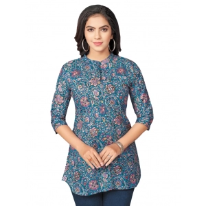 Generic Women's Cotton Blend Mandarin Collar 3/4 Sleeves Short Top (Blue)