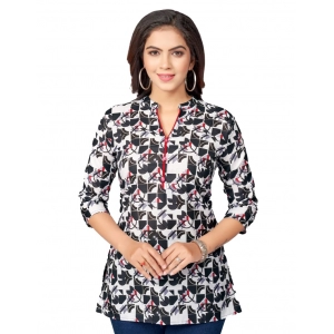 Generic Women's Cotton Blend Mandarin Collar 3/4 Sleeves Short Top (Black-White)