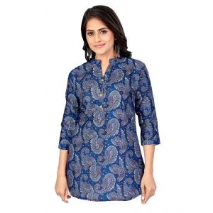 Generic Women's Cotton Blend Mandarin Collar 3/4 Sleeves Short Top (Blue)
