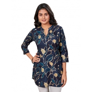Generic Women's Rayon Mandarin Collar 3/4 Sleeves Short Top (NavyBlue)