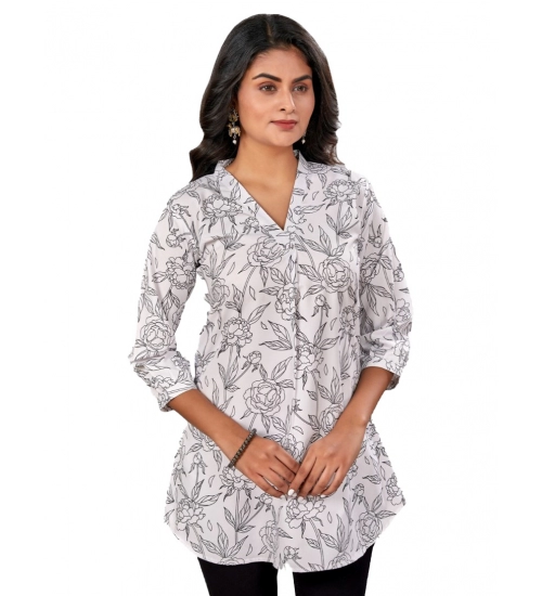 Women's Poly Crepe Chinese Collar 3/4 Sleeves Short Top (Black-White)