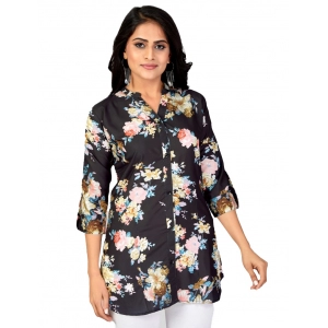 Generic Women's Poly Crepe Mandarin Collar 3/4 Sleeves Short Top (Black)