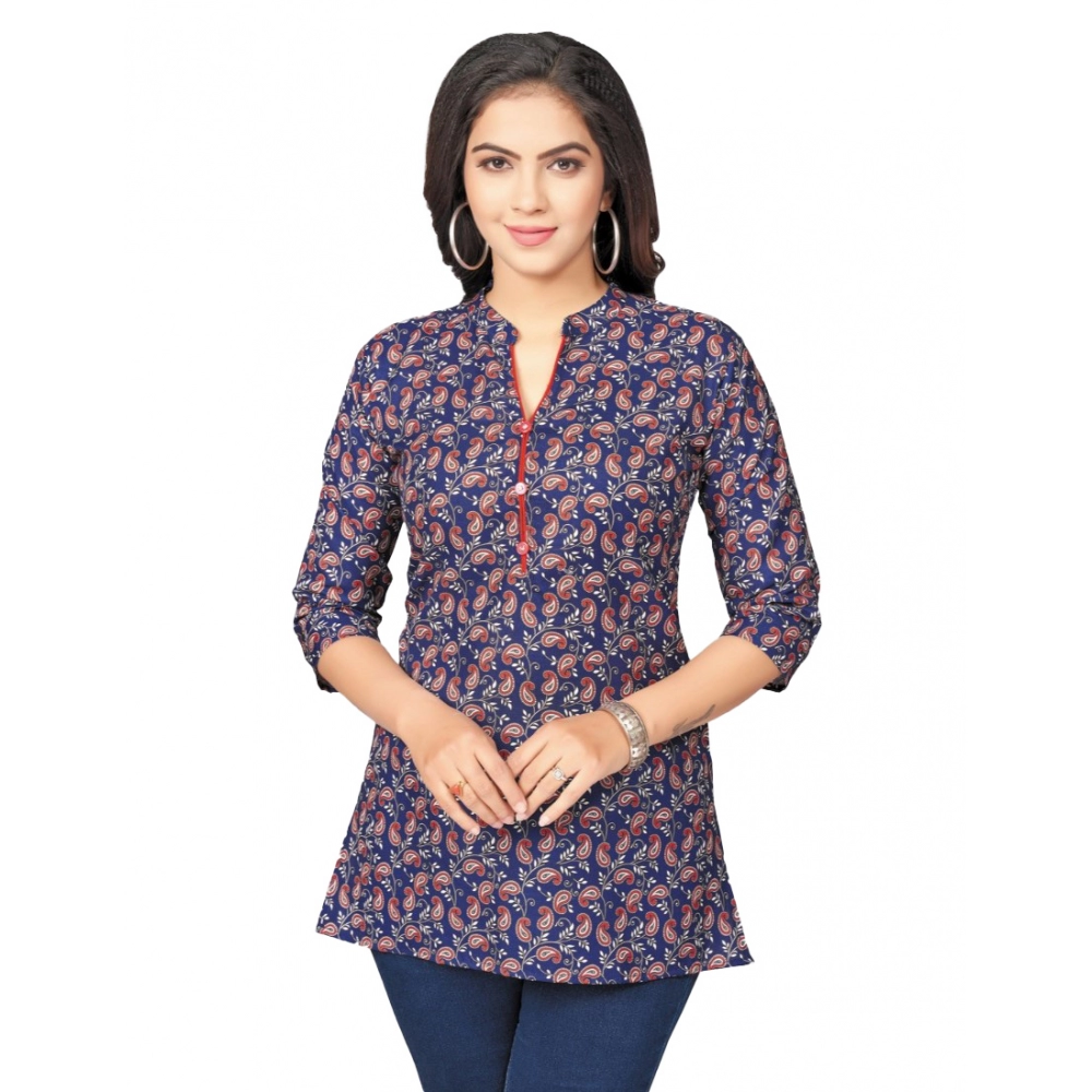 Generic Women's Cotton Blend Mandarin Collar 3/4 Sleeves Short Top (Blue)
