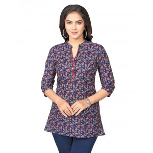 Generic Women's Cotton Blend Mandarin Collar 3/4 Sleeves Short Top (Blue)