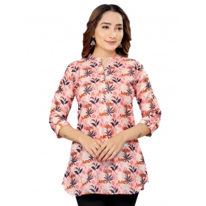 Generic Women's Cotton Blend Mandarin Collar 3/4 Sleeves Short Top (Pink-Navy Blue)