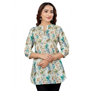 Generic Women's Cotton Blend Mandarin Collar 3/4 Sleeves Short Top (OffWhite-Blue)