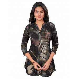 Generic Women's Rayon Mandarin Collar 3/4 Sleeves Short Top (Black)