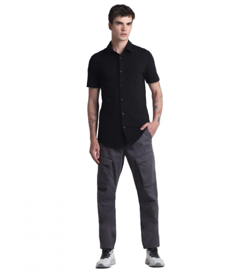 Men's Cotton Blend Solid Half-Sleeve Regular Shirt (Black)