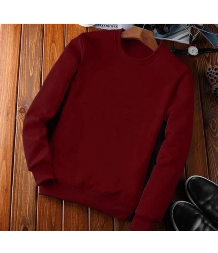 Men's Casual Fleece Solid Round Neck Long Sleeves Sweatshirt (Maroon)