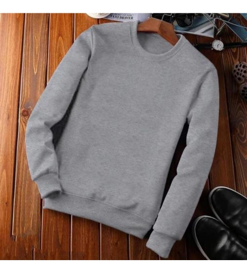 Men's Casual Fleece Solid Round Neck Long Sleeves Sweatshirt (Grey)