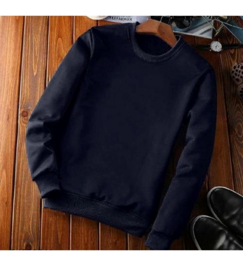 Men's Casual Fleece Solid Round Neck Long Sleeves Sweatshirt (Navy Blue)