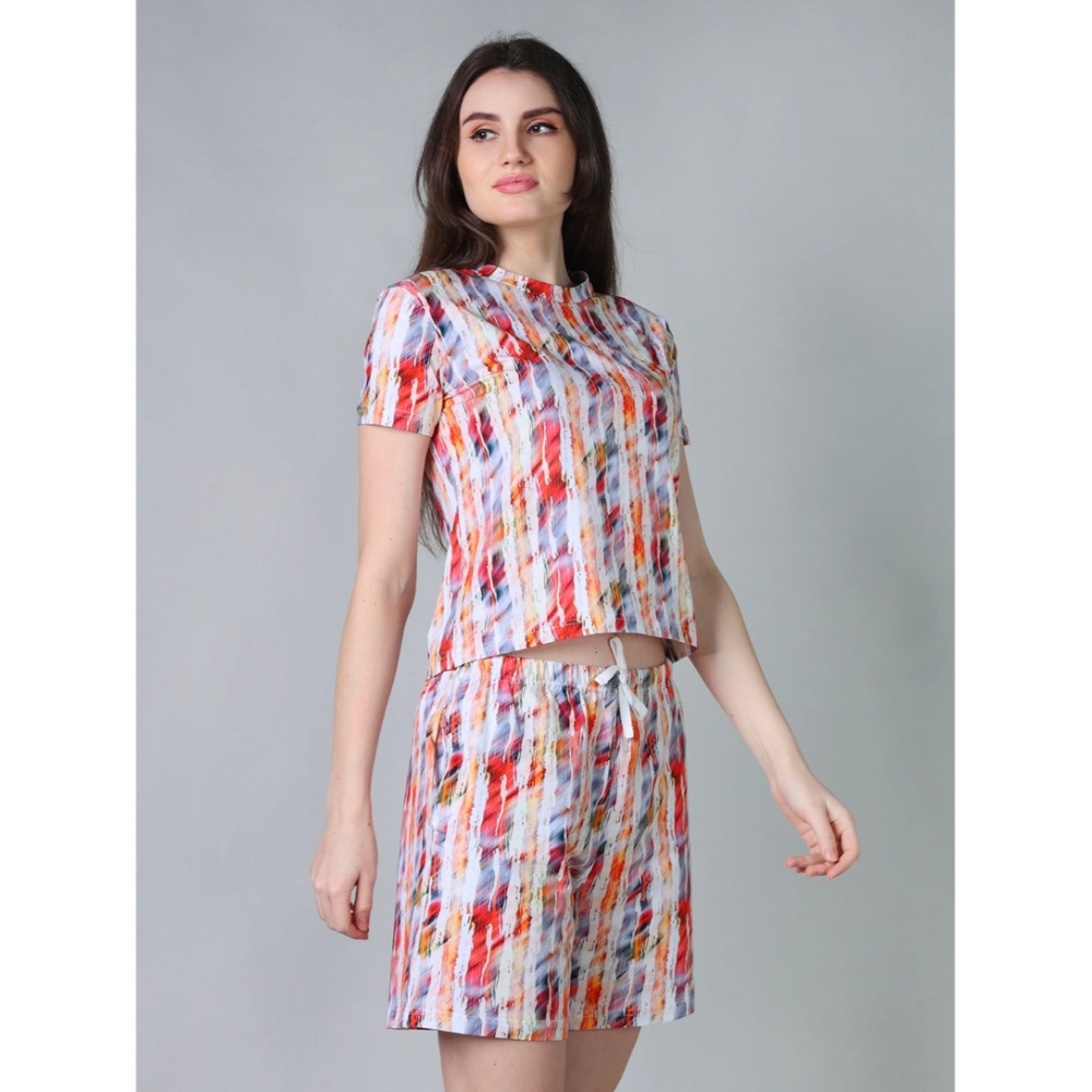 Women's Cotton Blended Printed Round Neck Half Sleeve Top - Shorts Set (Red)