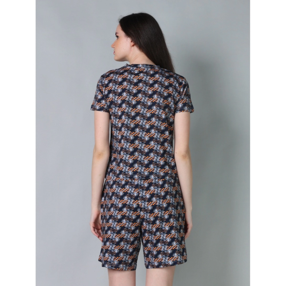 Women's Cotton Blended Printed Round Neck Half Sleeve Top - Shorts Set (Blue-Brown)