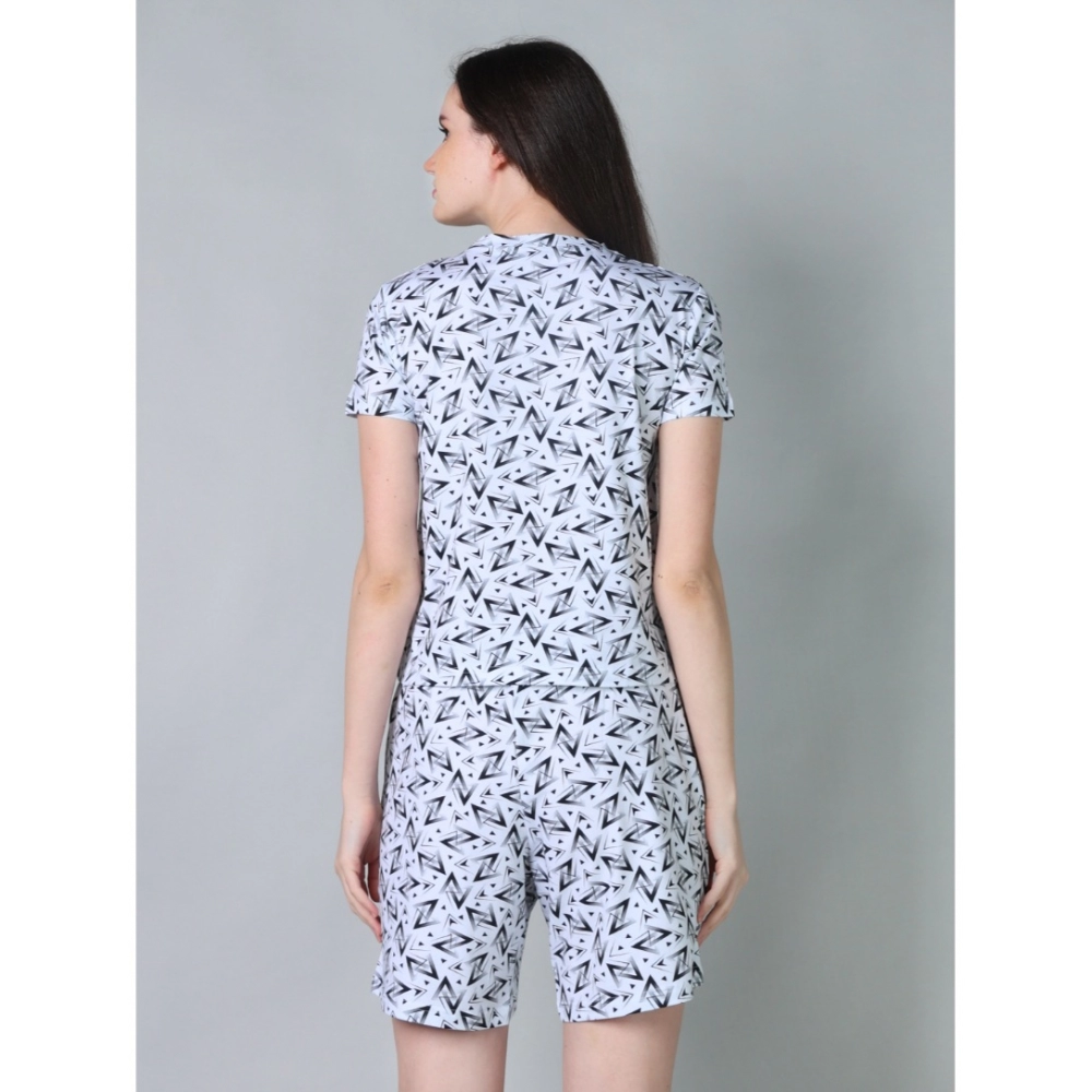 Women's Cotton Blended Printed Round Neck Half Sleeve Top - Shorts Set (White-Black) Women's Cotton Blended Printed Round Neck Half Sleeve Top - Shorts Set (White-Black)