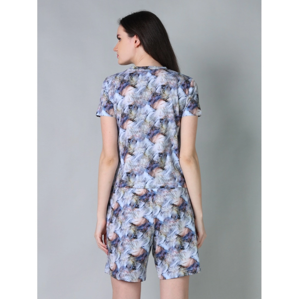 Women's Cotton Blended Printed Round Neck Half Sleeve Top - Shorts Set (Blue-Peach)