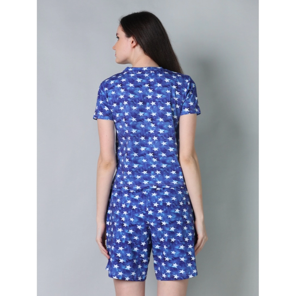Women's Cotton Blended Printed Round Neck Half Sleeve Top - Shorts Set (Blue)