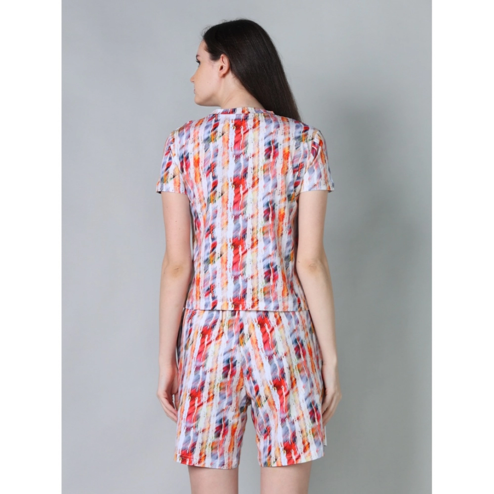 Women's Cotton Blended Printed Round Neck Half Sleeve Top - Shorts Set (Red)