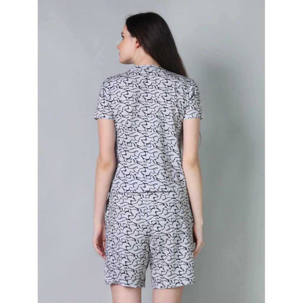 Women's Cotton Blended Printed Round Neck Half Sleeve Top - Shorts Set (Off_White)