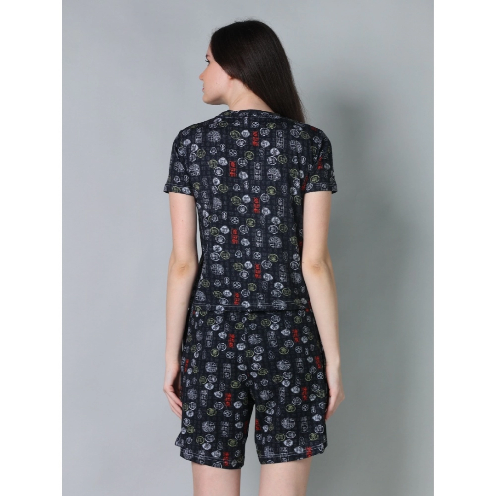 Women's Cotton Blended Printed Round Neck Half Sleeve Top - Shorts Set (Black)