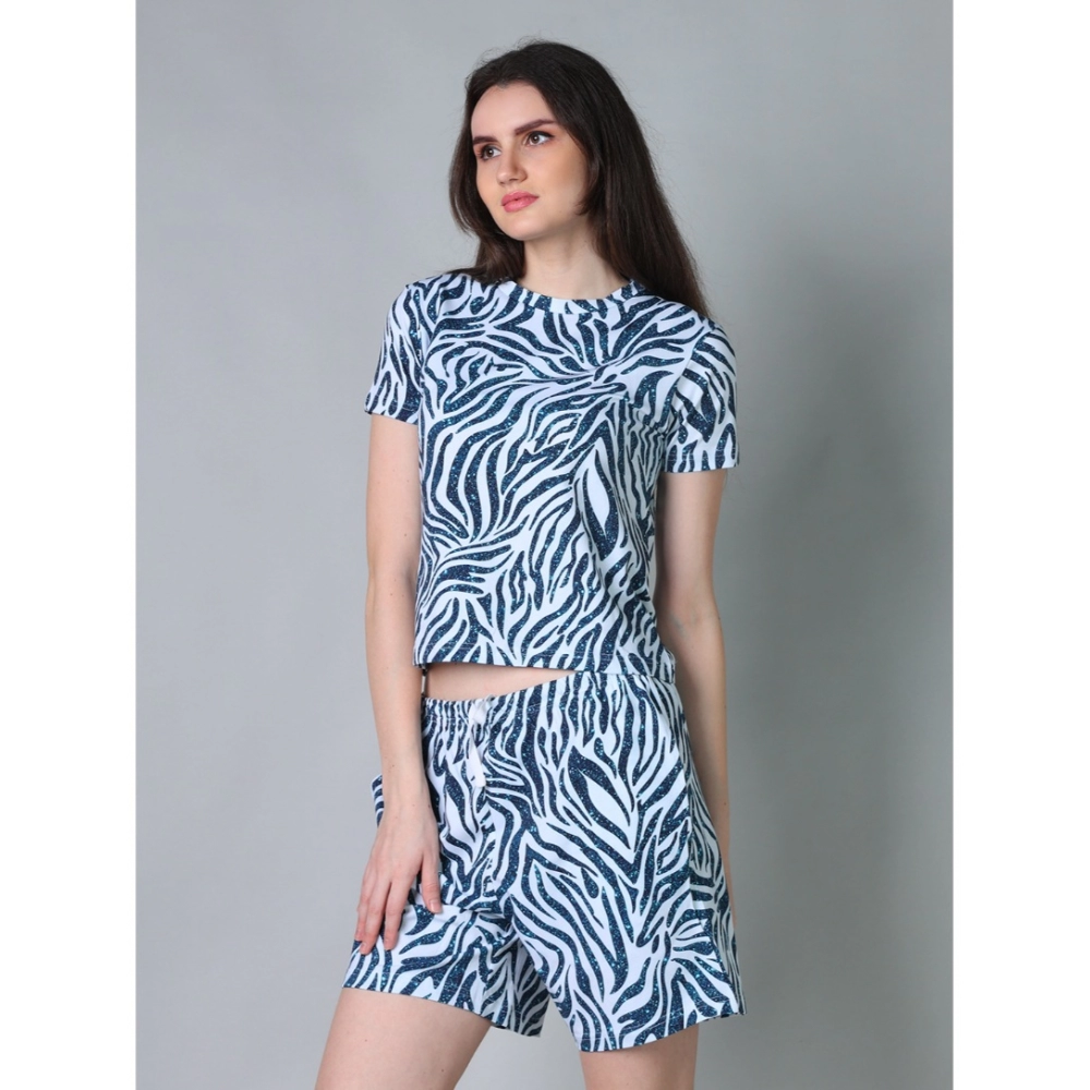 Women's Cotton Blended Printed Round Neck Half Sleeve Top - Shorts Set (Blue)