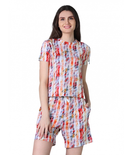 Women's Cotton Blended Printed Round Neck Half Sleeve Top - Shorts Set (Red)