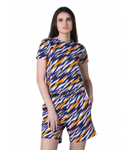 Women's Cotton Blended Printed Round Neck Half Sleeve Top - Shorts Set (Yellow)