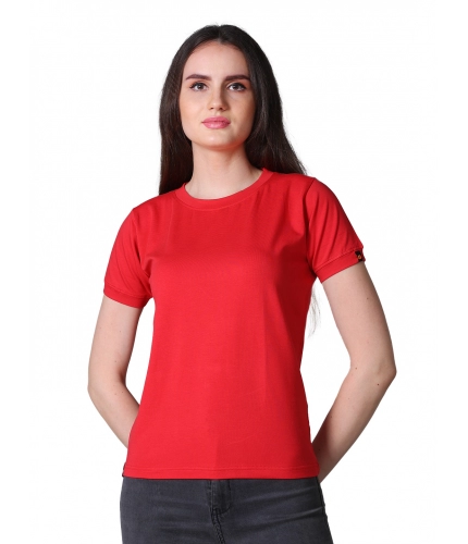 Women's Cotton Blended Solid Round Neck Half Sleeve T-Shirt (Red)