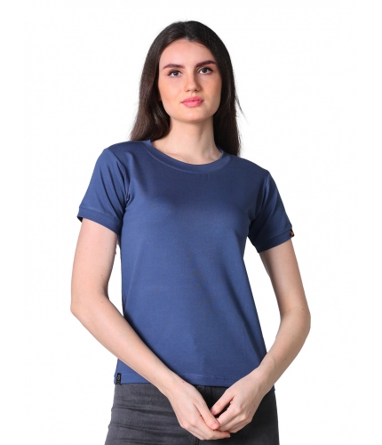 Women's Cotton Blended Solid Round Neck Half Sleeve T-Shirt (Blue)