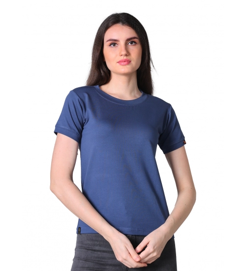 Women's Cotton Blended Solid Round Neck Half Sleeve T-Shirt (Blue)
