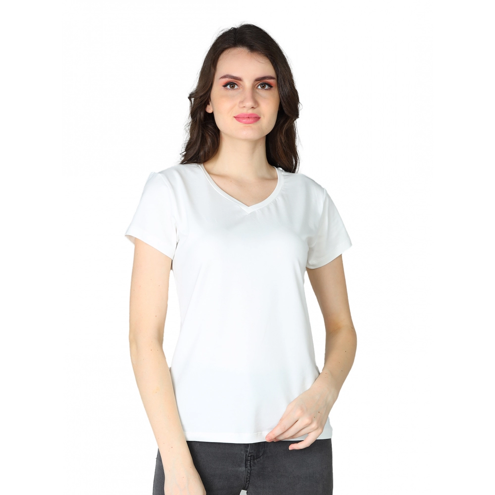 Generic Women's Cotton Blended Solid Sweetheart Half Sleeve T-Shirt (Off_White)